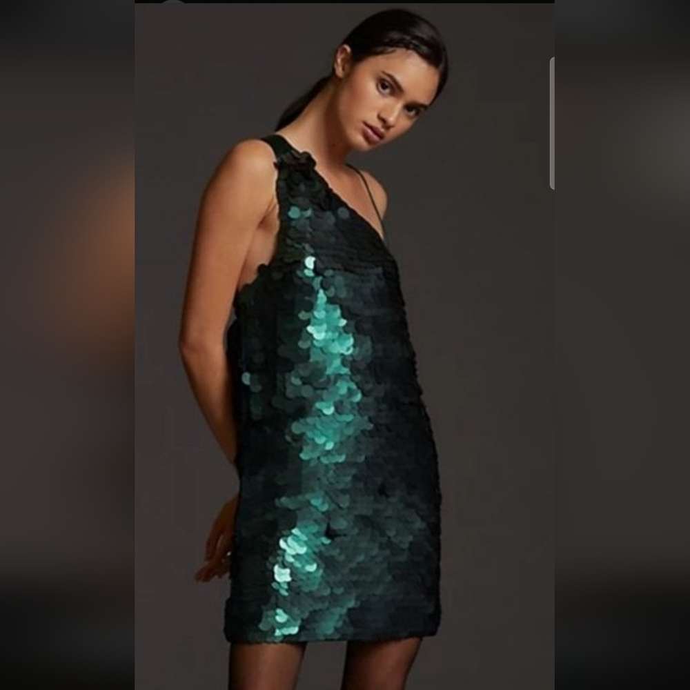 Anthropologie Maeve Emerald Green Sequin One-Shoulder Dress